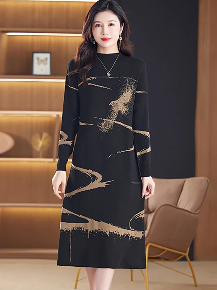 Autumn Winter Luxury Elegant Party Evening Dress 2024 Black Print Knitted Sweater Dress Women New Korean Bodycon Chic Pullovers