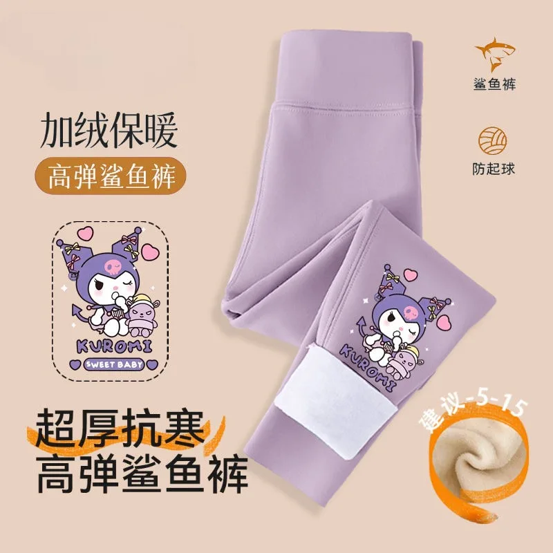 Pantalones de tiburón Kuromi de dibujos animados para niñas, además de terciopelo grueso, Otoño e Invierno, My melody, nuevas mallas de Yoga, pantalones Barbie para niños