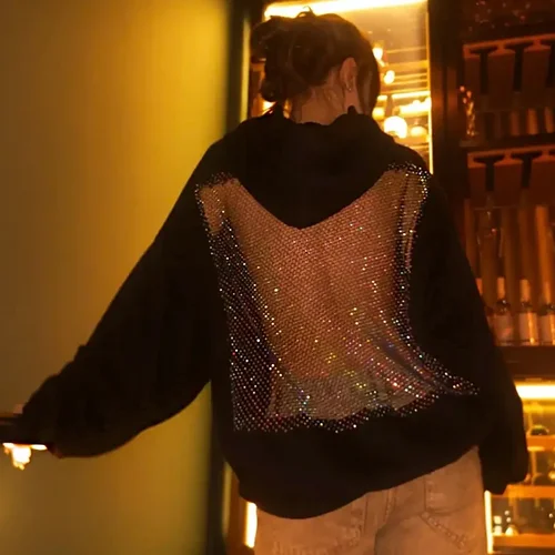 Imagen 2 del producto Nueva Sudadera gótica Sexy con capucha hueca para mujer Y2K, sudadera de manga larga de malla sin espalda, jersey translúcido brillante 2025