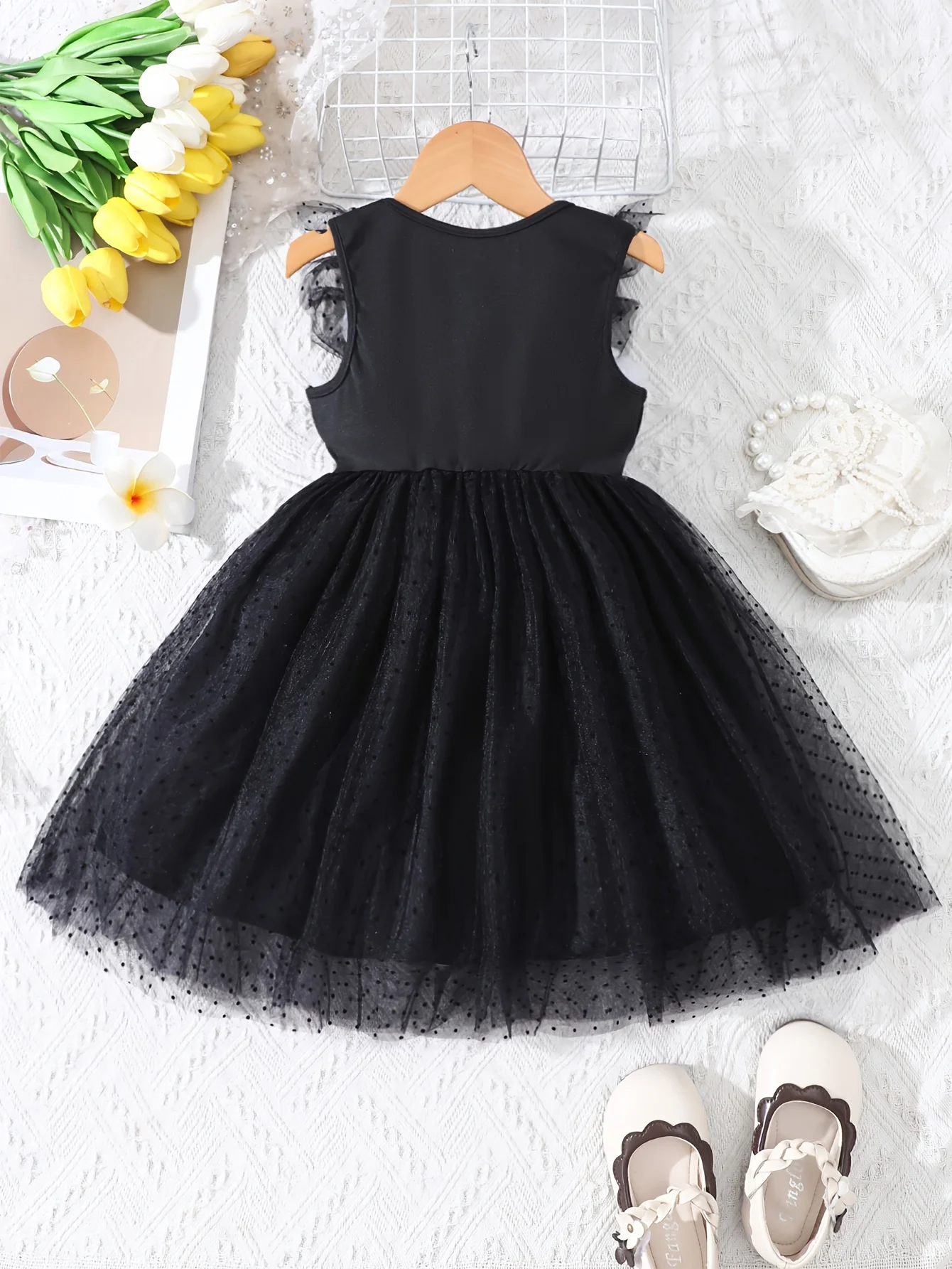 Girls' Summer Casual Fashion Flutter Sleeve Bowknot Polka Dot Velvet Mesh Dress Beach Wedding Holiday Party Princess Dress Gift