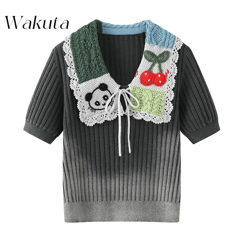 Vintage Fall V-neck Short-sleeved Hollowed Out Printed Sweaters Versatile Old Fake Two-piece Three-dimensional Flowers Pullovers