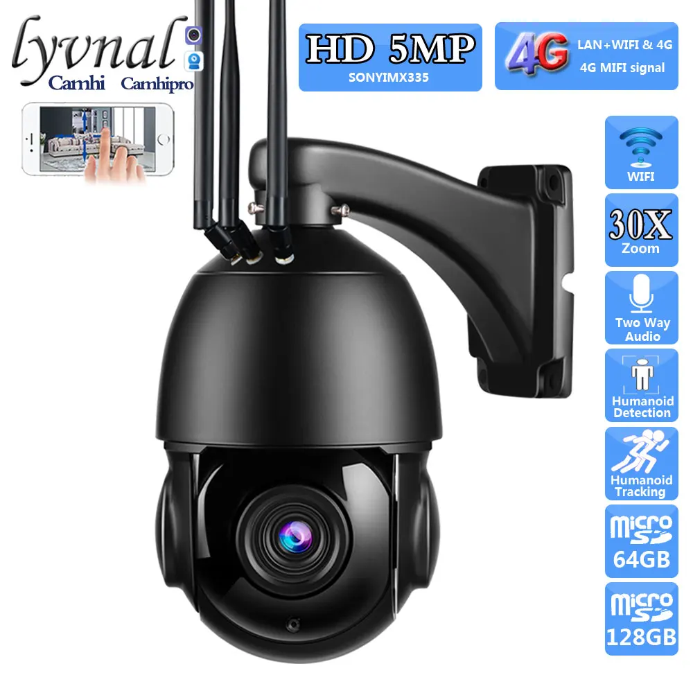 HD 5MP Sony335 3G 4G SIM Card Wireless Security IP Camera Wifi PTZ Dome 30X Auto Zoom Human Tracking Two Way Audio IR 80M