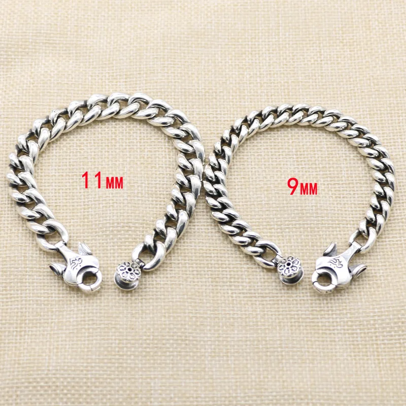 Japan and South Korea925Sterling Silver Six-Word Mantra Bracelet Men's Wide Face Cherry Blossom Vintage Thai Silver Bracelet Tre