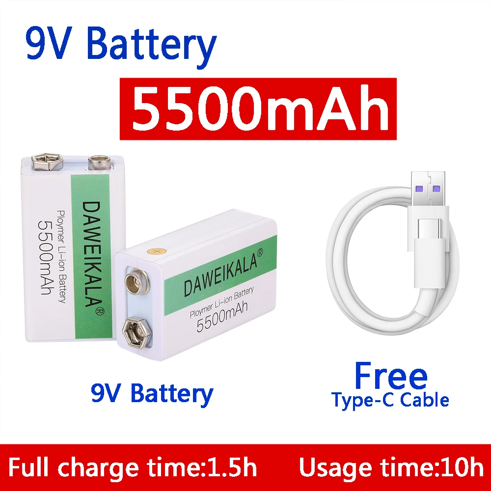 9V 5500mAh 9V battery li-ion Rechargeable battery Micro USB Battery 9v lithium for Multimeter Microphone Toy +USB charging cable