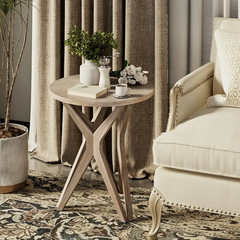 

Pedestal Farmhouse End Table, Distressed White Top With Tripod Base Beside Table For Living Room, Modern, Boho Decor, Round