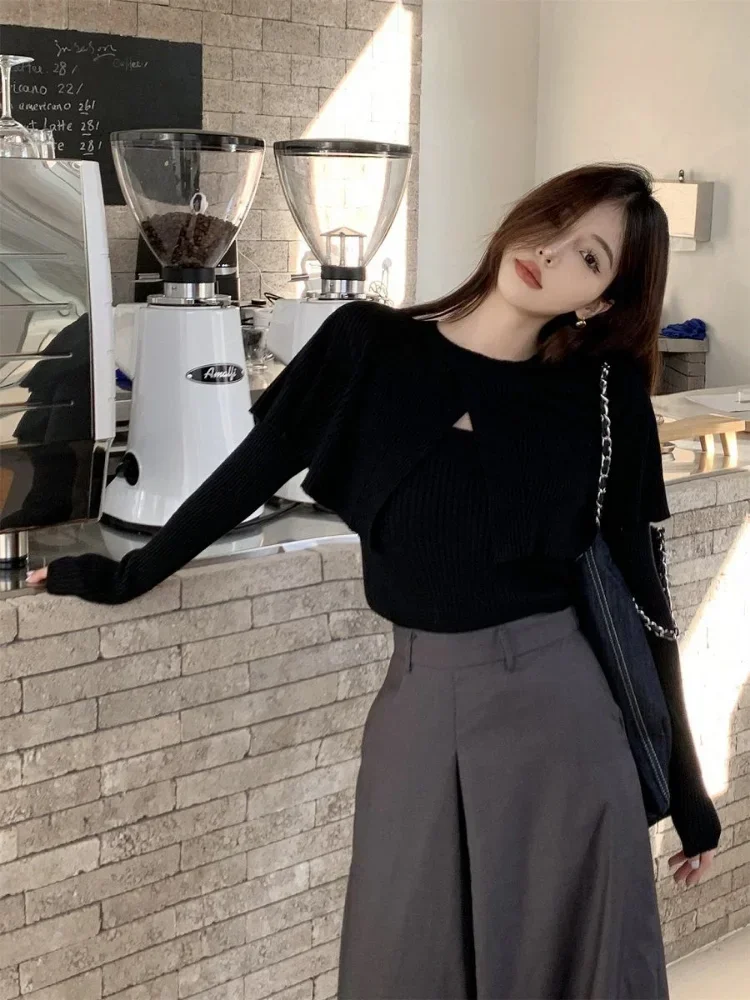 Fake Two Pieces Vintage Slim Sweater Korean Fashion Knitted Pullover All Match Elegant Sweet All-match Y2k Aesthetic Cropped Top