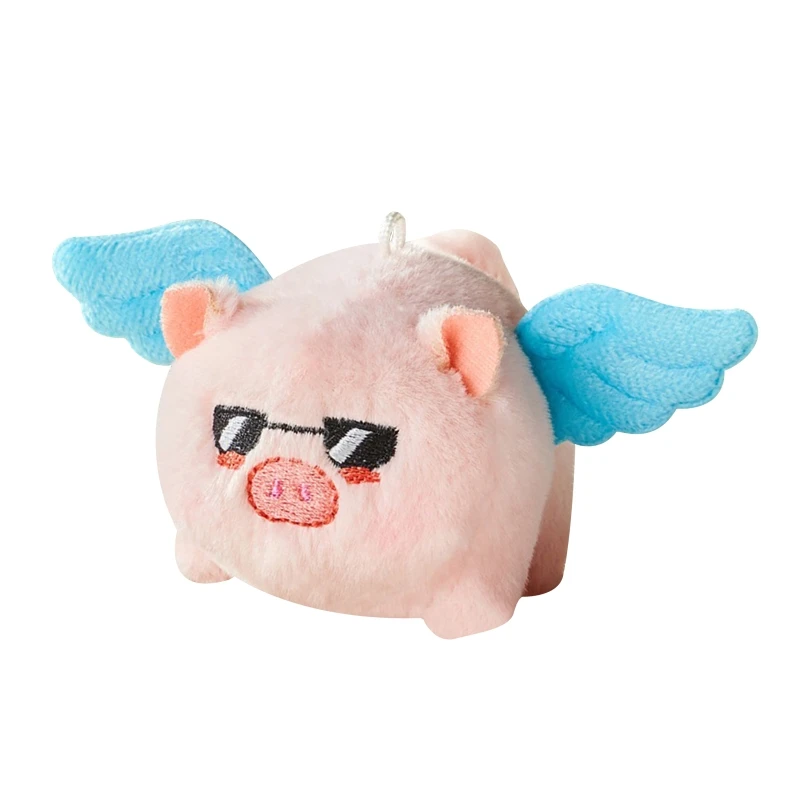 Tail Wagging Flying Pig Plush Keychain Backpack Hanging Ornament Stuffed Animal Key Ring Novelty Purse Car Key Pendant