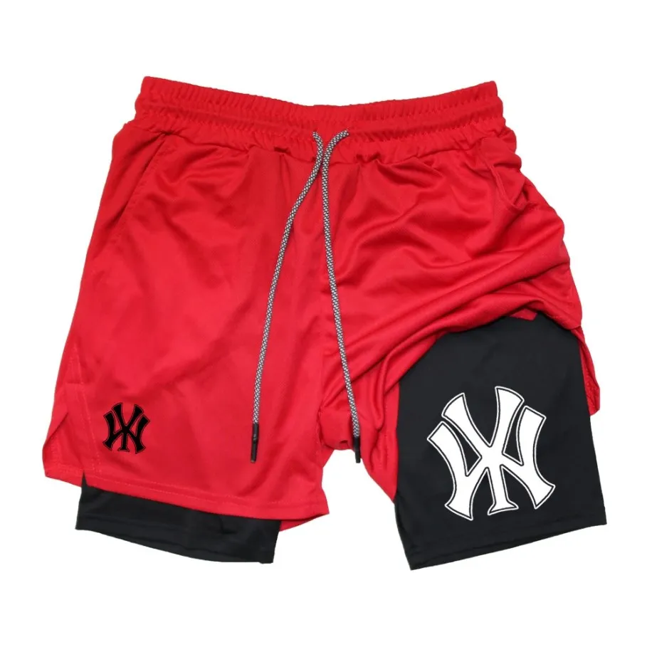 Pantalones cortos de entrenamiento para correr para hombre, Shorts de compresión con bolsillo para el teléfono, ropa deportiva atlética, estampado 2 en 1