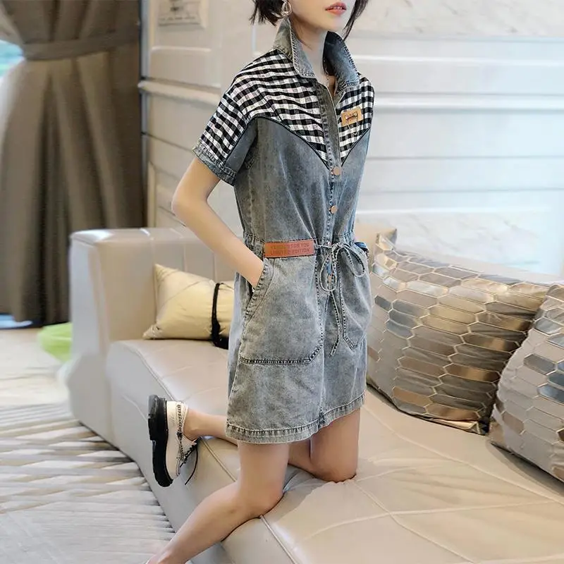 Stylish Plaid Patchwork Mini Dress A-Line Drawstring Summer Polo-Neck Button Women\'s Clothing Vintage Basic Short Sleeve Dresses