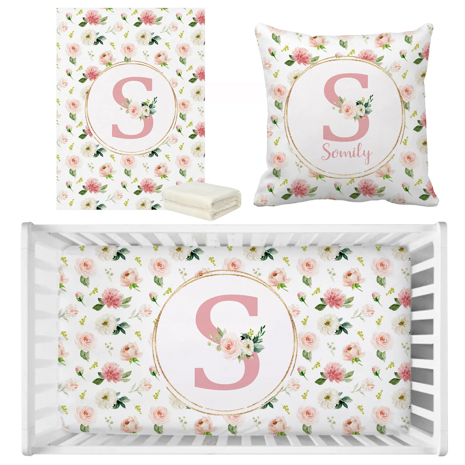 LVYZIHO Custom Name Vintage Roses Bedding Set, Birthday Gift Toddler Gift Bedding Set, Baby Shower Gift  Bedding Set