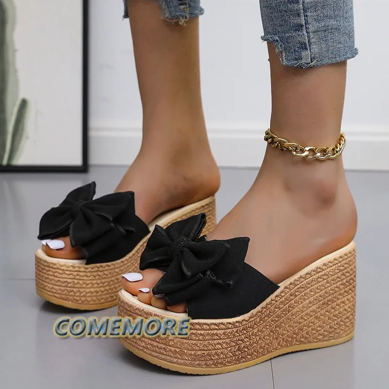 Women Slippers Fashion Pee Toe Summer Footwear Luxury Butterfly-knot High Heels Slides Platform Wedges Ladies Shoes Round Toe PU