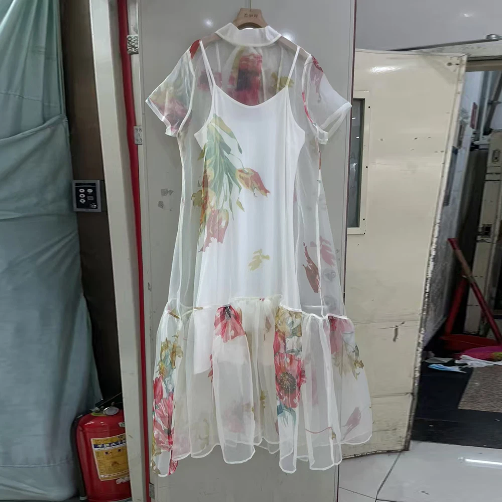 TWOTWINSTYLE, vestidos elegantes holgados con estampado empalmado para mujer, cuello redondo, manga corta, vestido con pliegues de malla de retales para mujer