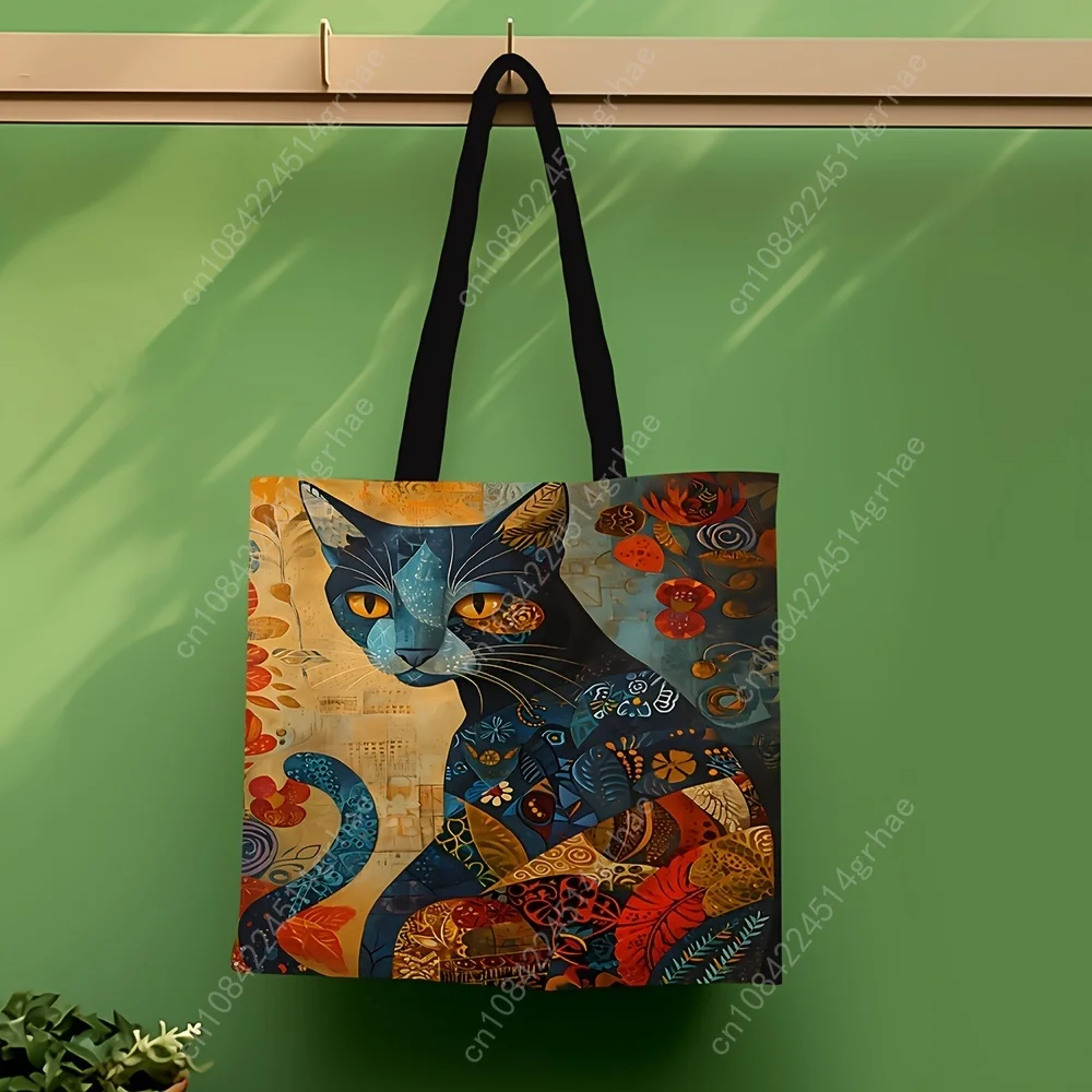1 Buah Tas Jinjing Kucing Abstrak Tas Bahu Hewan Kecil Unik Lucu Tas Tangan Ramah Lingkungan Linen Cetak Tas Kasual Kantor Belanja Dapat Digunakan Kembali