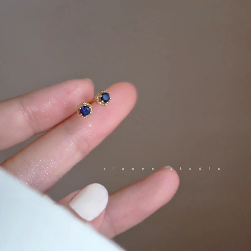 VOQ Silver Color Korean Blue Zircon Geometric Small Stud Earrings for Women 14k Gold Plated Simple Chic Jewelry Jewelry