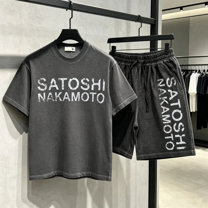 Vintage Street SATOSHI Tracksuit Summer Washed Distressed Faded Classic Letter Print Tshirts Casual Men Women Drawstring Shorts