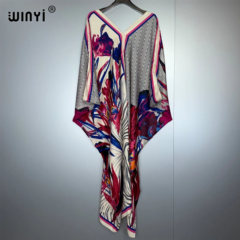 

WINYI с v-образным вырезом, африканская мода для женщин, сексуальное бохо, летнее повседневное саржевое модное платье с цветочным принтом, вечернее пляжное длинное платье макси