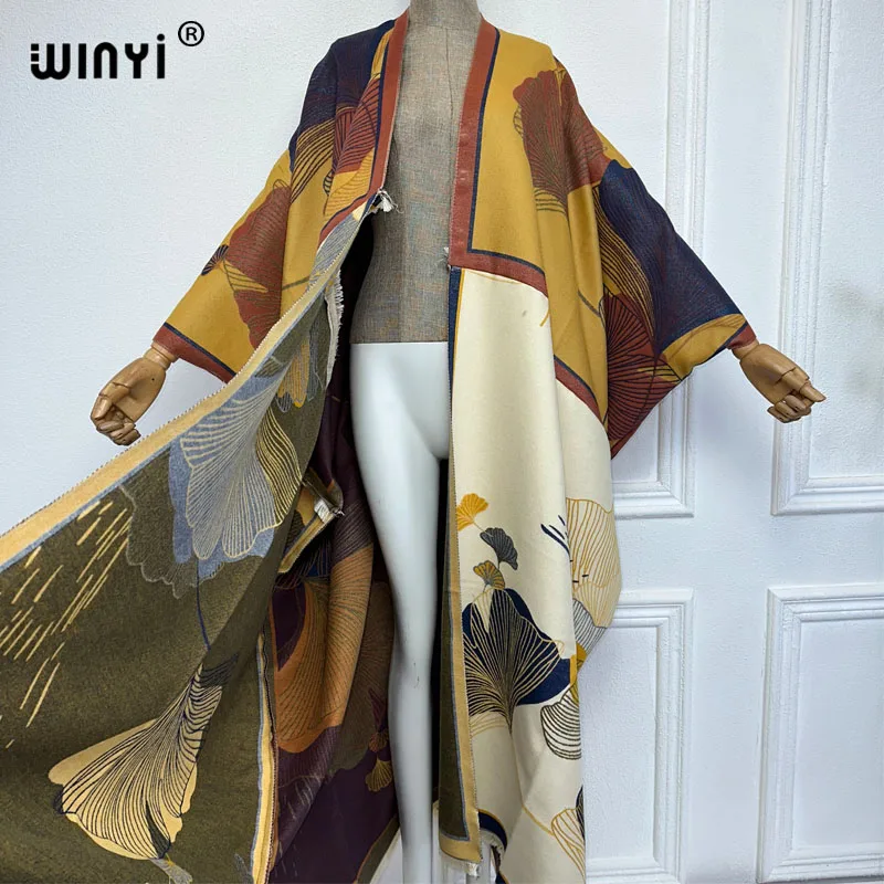 WINYI moda zimowa kimono dla kobiet Retro luźny płaszcz gruby ciepły długa sukienka modny kardigan bliskowschodni zima abaya