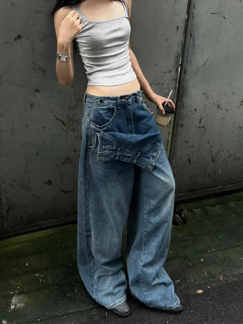 Y2K Blue Jeans Women Design Sense 90S Vintage High Waisted Jean Straight Trouser Streetwear Casual Loose Wide Leg Denim Pants