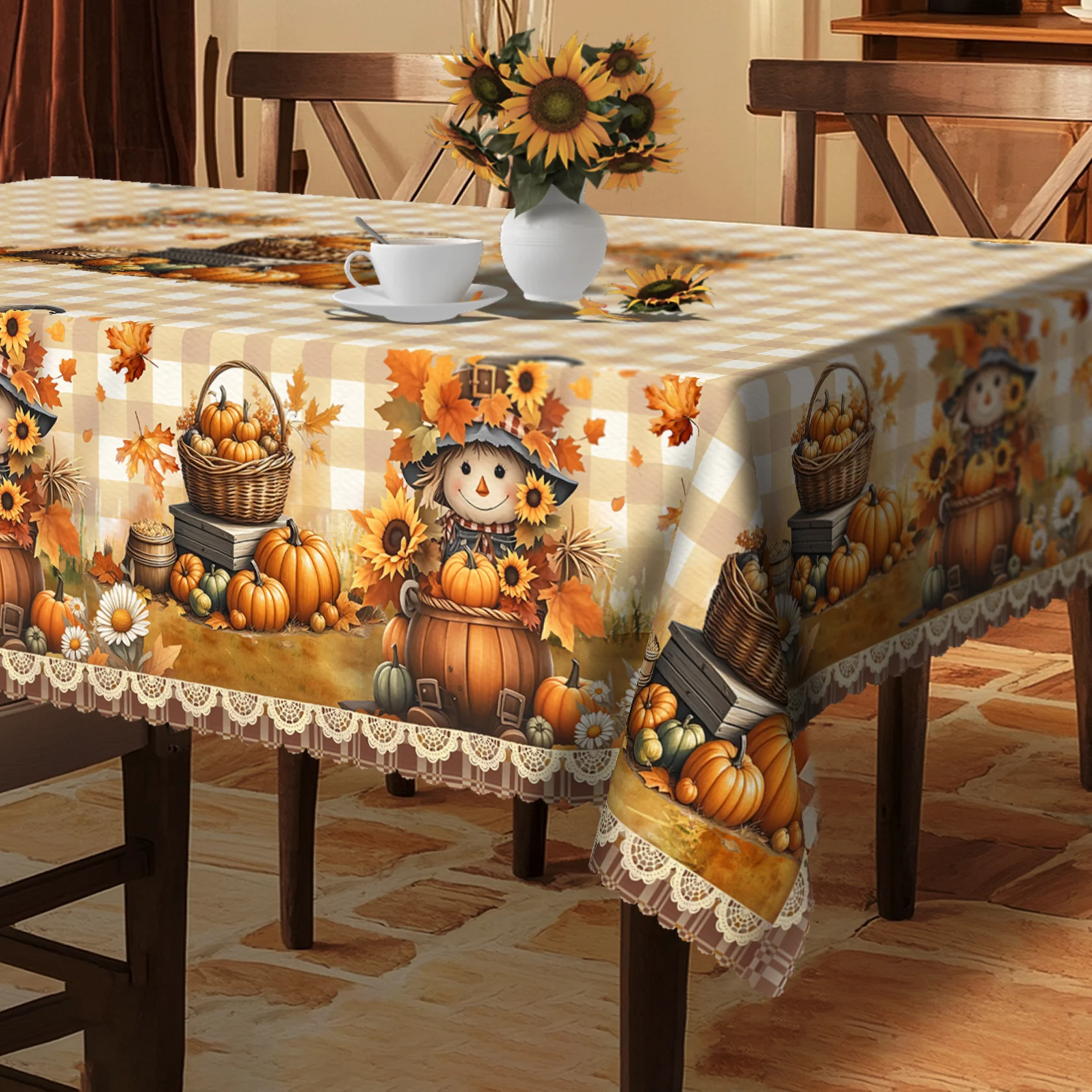 Thanksgiving Day, autumn, rural tablecloth, yellow and white decorations, sunflowers, pumpkins and small animalszyc