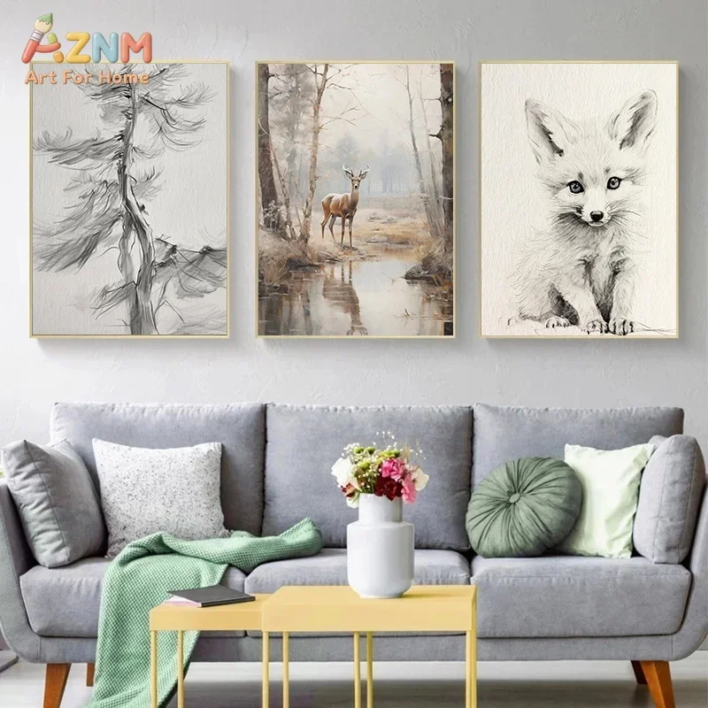 AZNM Frameless Canvas Poster Vintage Sketch Forest Print, Deer Owl Heron Pine Tree Floral Nature Landscape Wall Picture for Farm