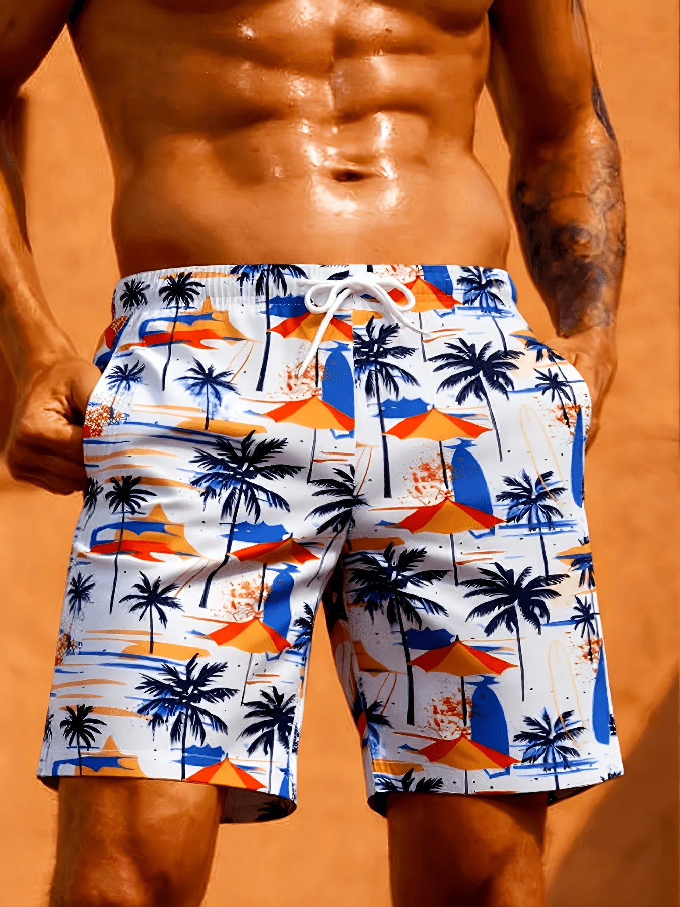 Men's Quick Dry Swim Trunks, White and Colorful Coastal Palm & Umbrella Print Drawstring Casual Board Pants with Side Pockets