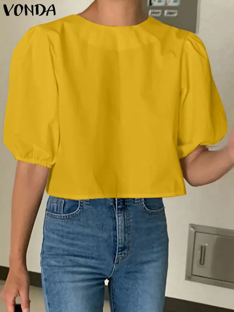 VONDA 2024 Summer Elegant Shirts Women Solid Color Blouse Short Puff Sleeve Loose Casual O Neck Tops Oversized Blusas Femininas