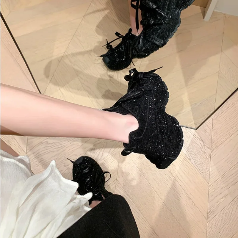 Fashion Bling Ladies Shoes Luxury Design Leisure Lace Up Sneaker 2024 Spring Track Trainers Platform Women Vulcanize Footwear