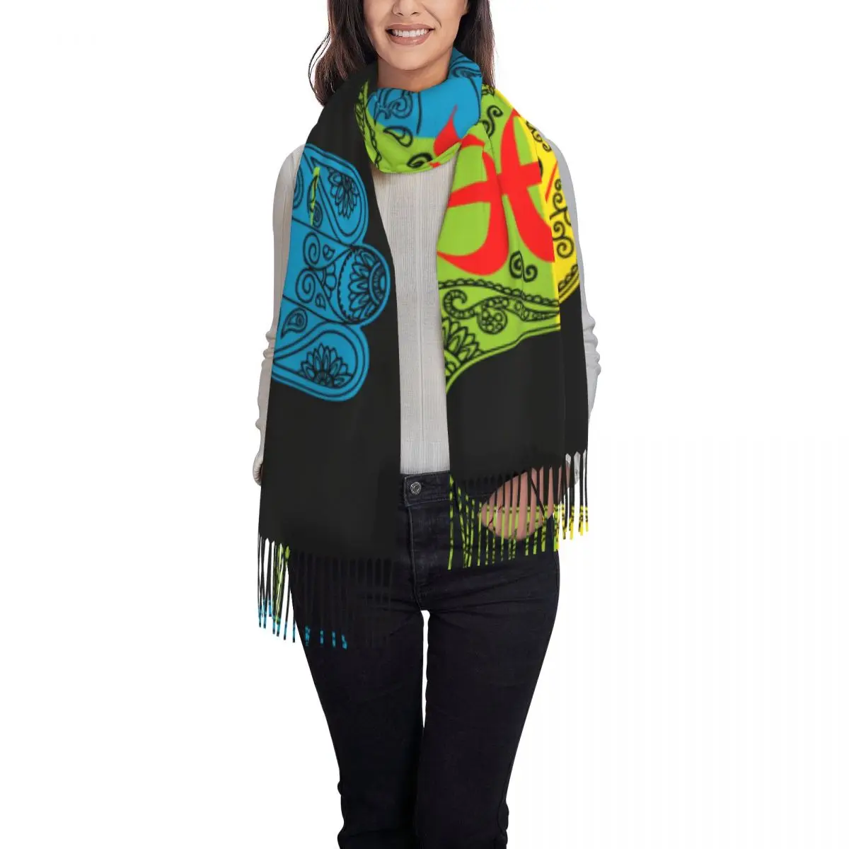 Amazigh Flag With Khamsa Scarf Symbol of Freedom Warm Soft Shawl Wrap with Tassel Womens y2k Funny Large Scarves Winter Bandana