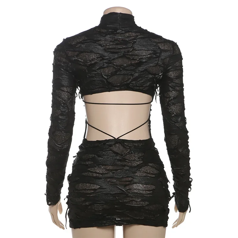 New Holes Patchwork Half High Neck Full Sleeve See Through Party Clubwear Vestidos Womens Sexy Backless Bodycon Mini Black Dress