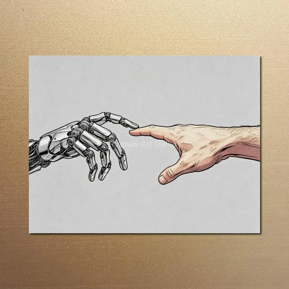 Robot and Human Hand Touch Canvas Print Gray Minimalist Sketch Neutral Large Modern Wall Decor for Apartment Office