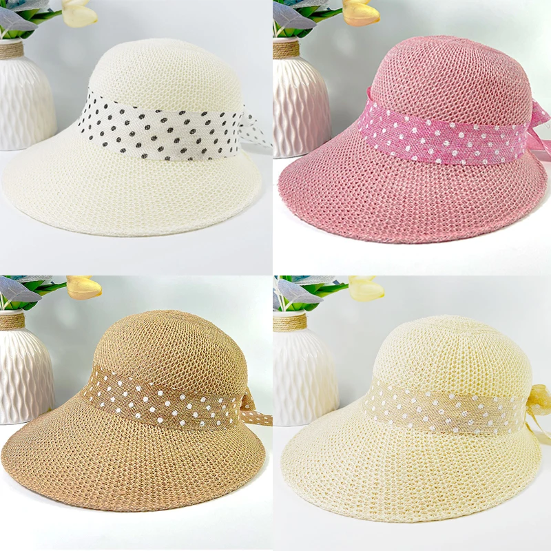 Sombrero de sol con lazo de ala grande para mujer, gorro de playa con protección UV para viajes de verano, moda versátil, cinta de lino con lunares,