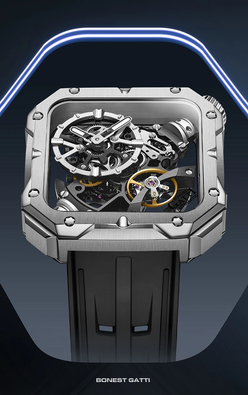 Bonest gatti masculino relógio automático de luxo quadrado relógio de pulso mecânico à prova dwaterproof água safira luminosa pulseira de borracha fluorada
