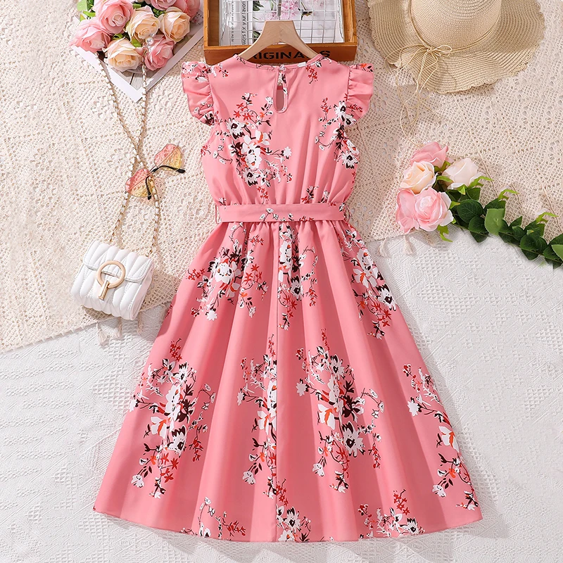 Kids Dress For Girls 8-12 Years Pink Sleeveless Printed Pleated Dress & Belt For Girls Sweet Style Birthday Party Princess Dress