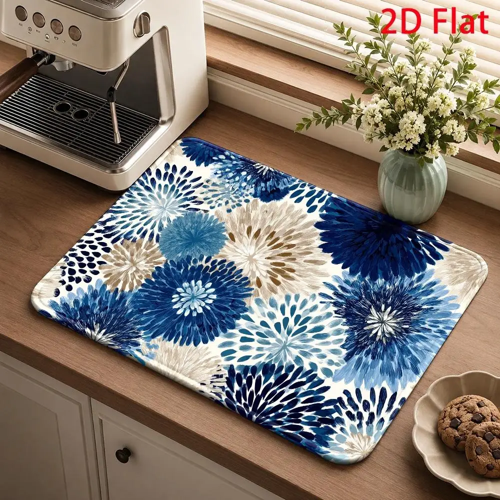 Blue Beige Chrysanthemum Floral Print Washable Durable Kitchen Sink Drying Mat For Elegant Home Counter Accent