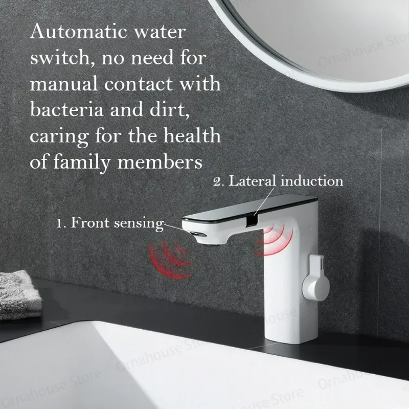 White Smart Sensor Basin Faucet Digital Display Screen Hot Cold Water Mixer Tap Vanity Touchless Faucet for Bathroom Basin