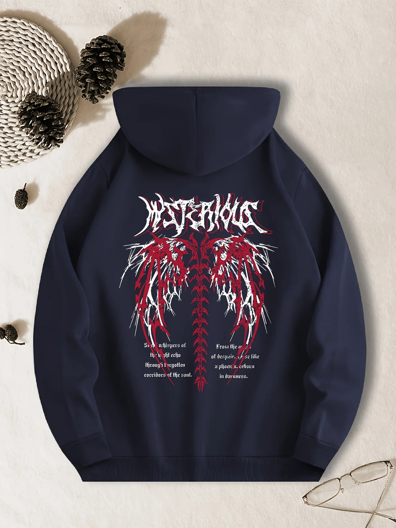 Goth dark punk men's hooded sweatshirt with distressed thorn-winged devil pattern, casual sporty everyday fleece hooded shirt.