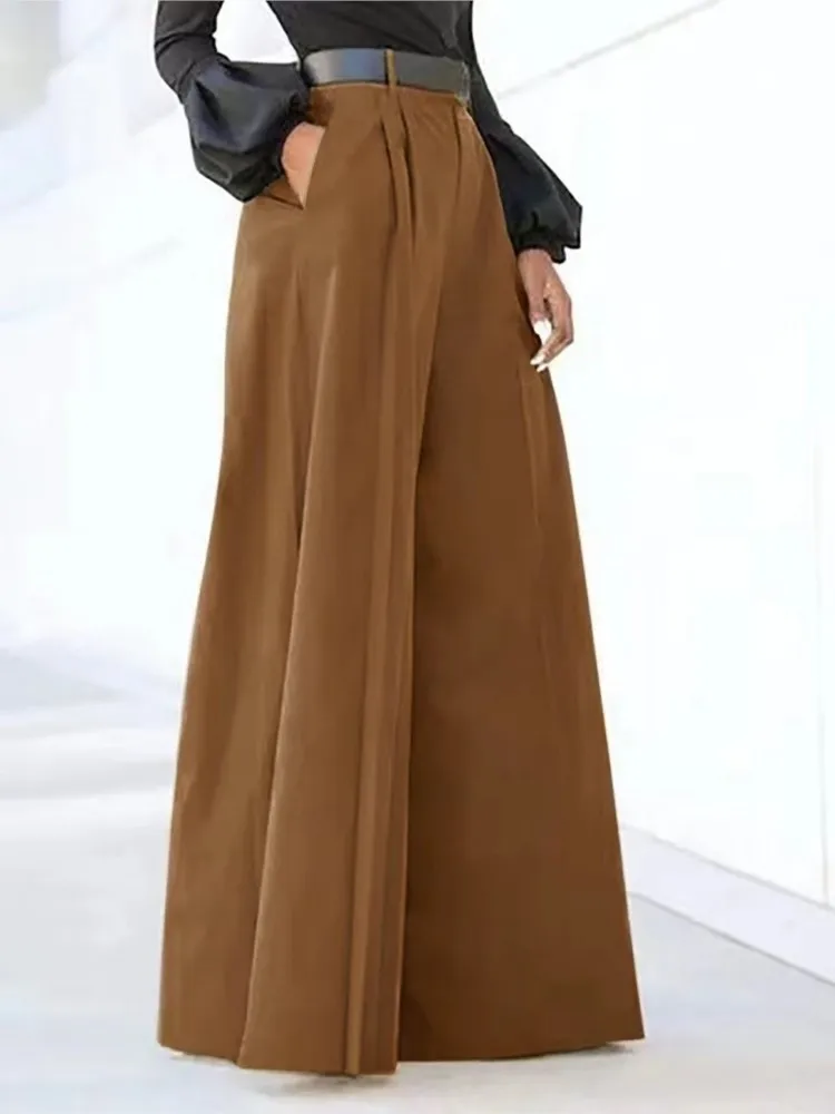 

New Women's Elegant Wide Leg Pants Fashion Solid High Waist Fold Trousers Streetwear Casual Commuting Loose Pocket Flared Pants
