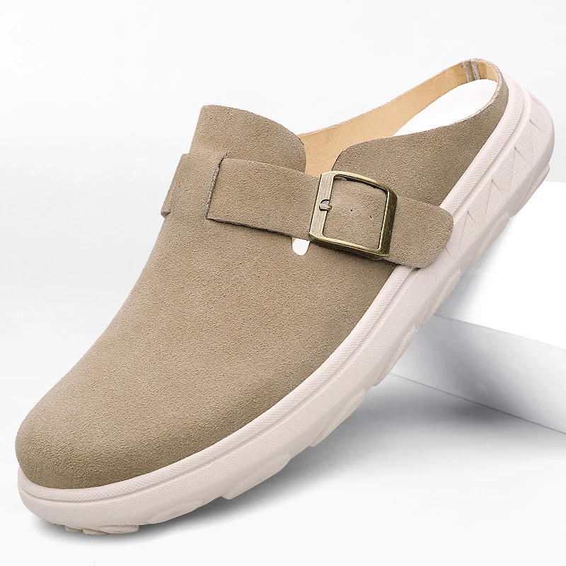 Big Size Summer Slip On Mules Men Backless Casual Shoes Loafers Slippers Leather Outdoor Half Drag Shoes Platform Slides Sandal