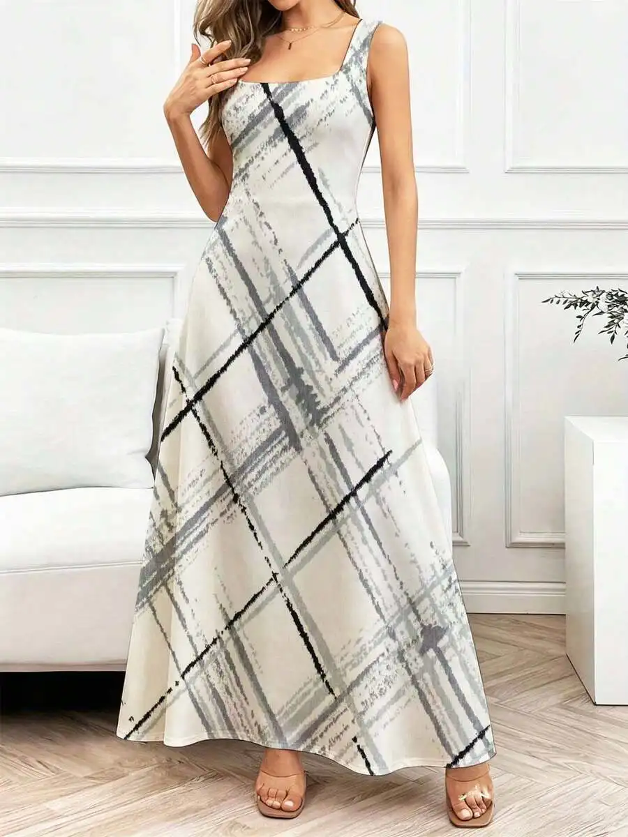

Square Neck Plaid Maxi Dress With Thin Straps Elegant Flowing Skirt For Casual Outfits