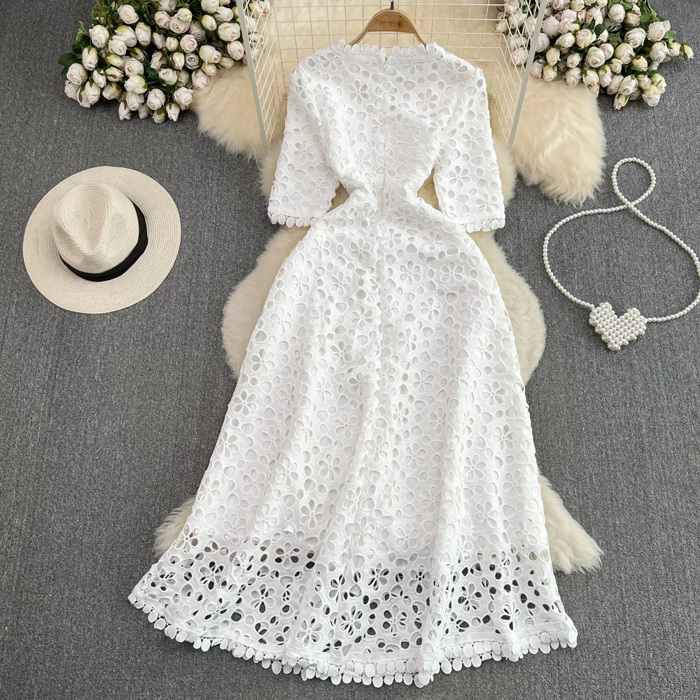 Summer Long White Dress for Women Elegant Hollow Out Deep Neckline Midi Female Wedding Dresses Party Evening Sheer 3/4 Sleeve