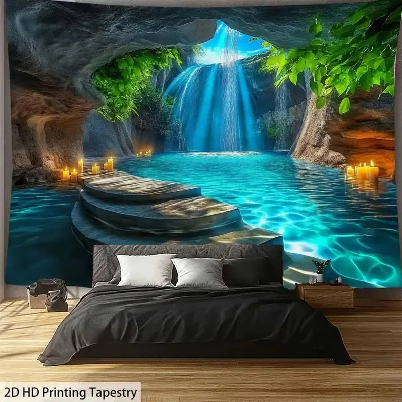 

Гобелен VIKAMA «Пещерный водопад»: Натуральный дзен-декор с изображением горячих источников, целебный лес, фон для гостиной, украшение для дома