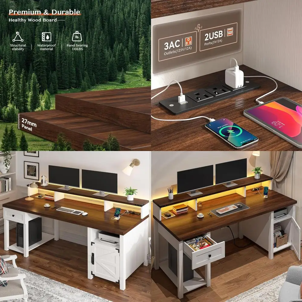 

White 23 Home Office Desk with Storage, Monitor Stand, Printer Space, and Power Outlets for Work, Study, and Gaming