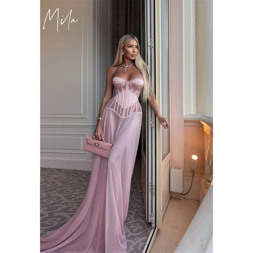 

Mila Pink Strapless Wedding Party Dress Customized Sleeveless Court Train Evening Dresses Elegant Chiffon vestidos de fiesta