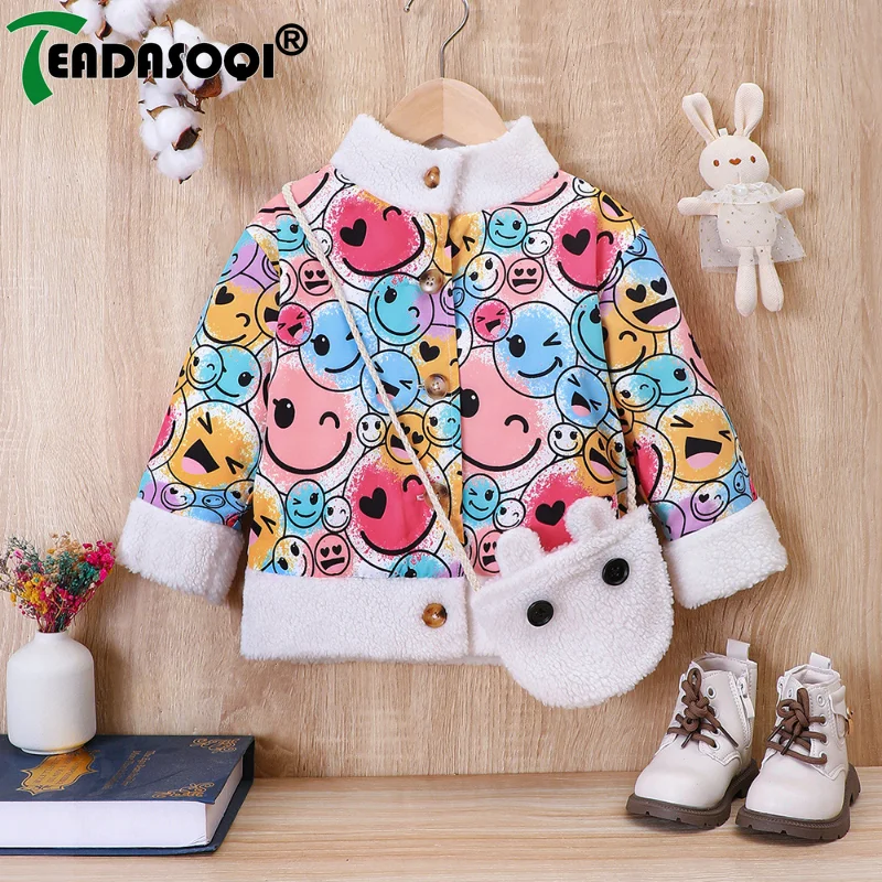 

Autumn Winter Kids Girls' Smiley Face Printing Long-sleeved Stand Collar Splice Plush Jacket Casual Coat Children Clothing 1-7Y