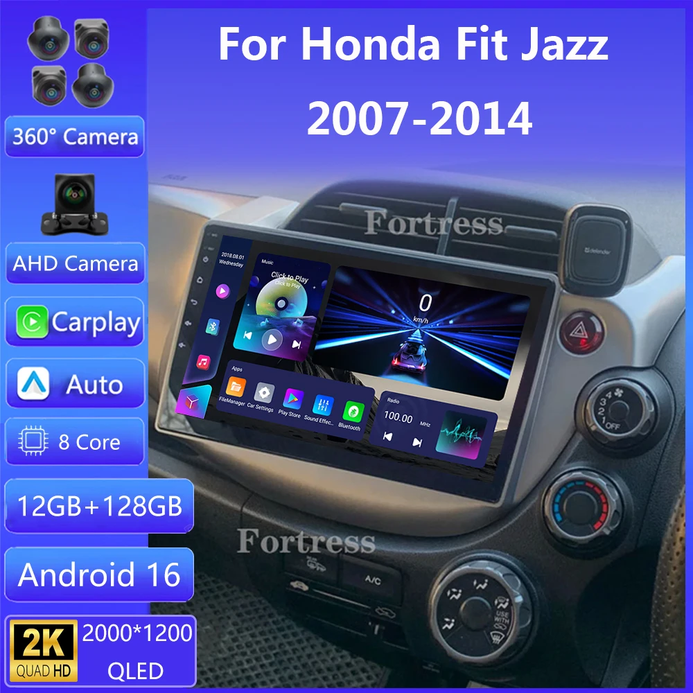 Android 16 Radio estéreo de coche para Honda Fit Jazz 2008 - 2013 2din Carplay Multimidia reproductor de vídeo navegación GPS unidad principal WIFI BT 1