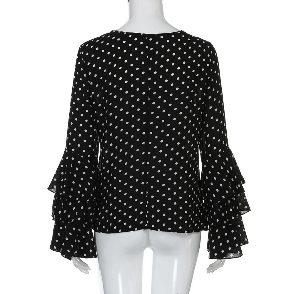 White Polka Dot Print Women\'s Elegant Office Wear Shirts Fashion Simple Round Neck Long Bell-Sleeves Tunic Waist Party Blouses