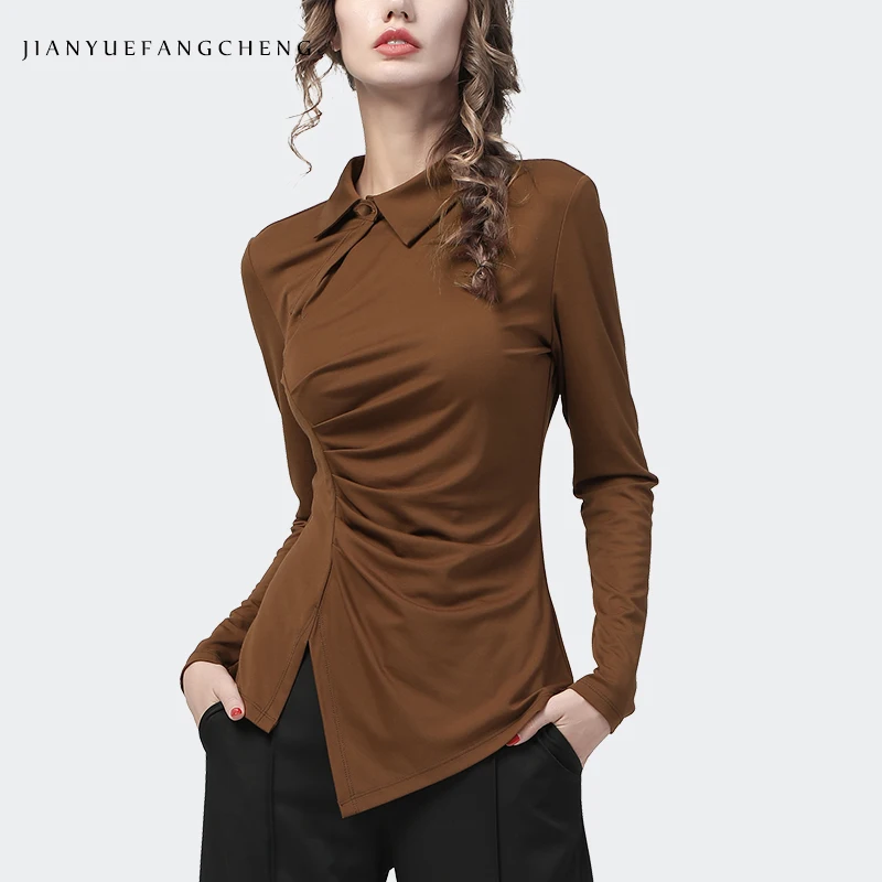 Women Long Sleeve Brown Stretching Knitted Shirt Sexy Skinny Fall Tops Autumn Winter Inner Wear Blouses