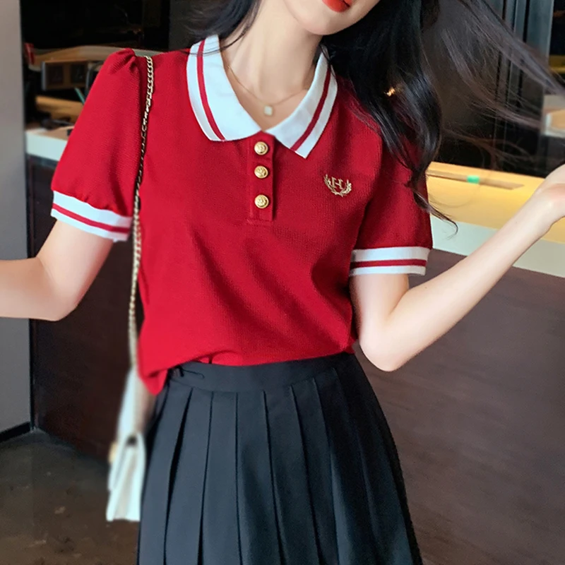 Summer Women\'s Elegant Preppy Style Knitted T-Shirt Casual Short Sleeves Contrasting Colors Fashion Turndown Collar Girls Shirt