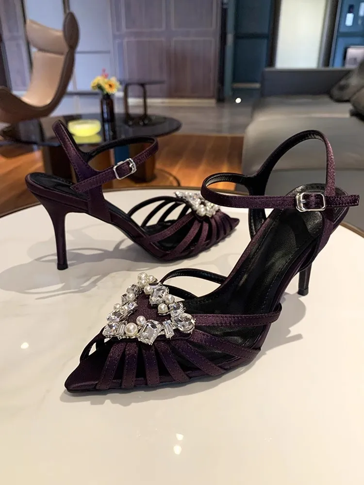 

Purple Silk Rhinestone Pearl Decor High Heels Sandals Women's 2025 New Lady Banquet Dress Shoes Fashionable Sandals Brand Design