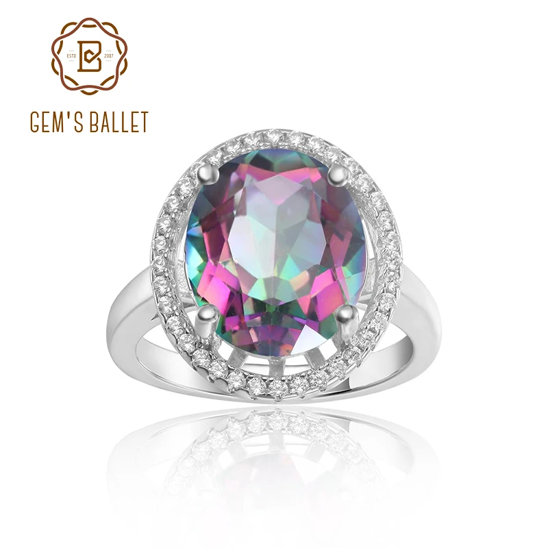 GEM'S BALLET 925 Sterling Silver Birthstone Rings10x12mm Oval Rainbow Mystic Topaz Classic Statement Ring For Women Fine Jewelry